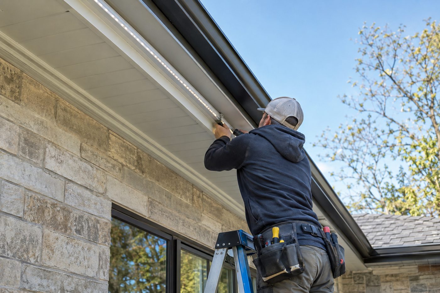 Installer mounting lighting track under a roof eave